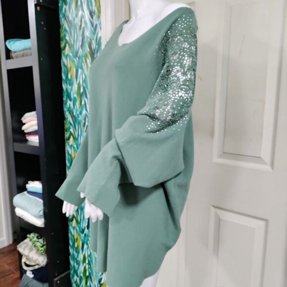 NWT LIV Milano Embroidered Studded Fairy Lagenlook Artsey Sweater Sage Green 3X - Picture 9 of 10